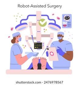 Robot-Assisted Surgery concept. Surgeons use advanced robotics for a precise operation in a high-tech medical setting. Innovations in healthcare technology. Vector illustration.