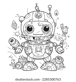 Robot,Black and white coloring pages for kids, simple lines, cartoon style, happy, cute, funny, many things in the world.