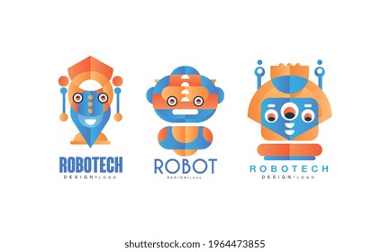 Robotech Logo Design Set, Company Identity, Computer Related Service, Kids Science Club Badges with Cute Robots Flat Vector Illustration