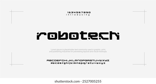 Fonte em negrito moderna Robotech. Regular Italic Number Tipografia urbana estilo alfabeto fontes para moda, esporte, tecnologia, digital, filme, design de logotipo, ilustração vetorial