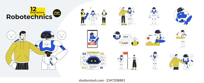 Robotechnics flat line concept vector spot illustrations bundle. Robot human interaction. Modern technologies 2D cartoon characters on white for web UI design. Editable hero image collection