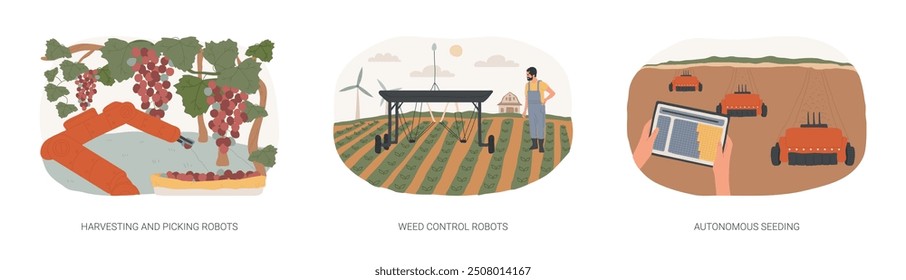 Robotic in agriculture isolated cartoon vector illustrations set. Harvesting and picking robots, weed control robots, autonomous seeding, smart farming, modern farming industry vector cartoon.