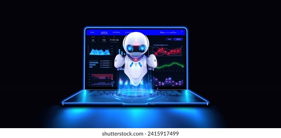 Robotic AI Assistant Emerging from Laptop. A 3D robot with a holographic display emerging from a laptop screen. Robot trader. AI for automation trading on stock market. Vector illustration