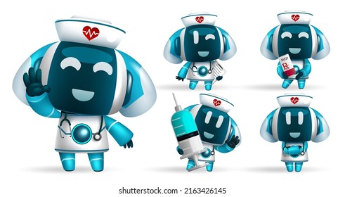 Robotic ai nurse vector set design. Robots animal characters in friendly faces and gesture for medic assistant robot collection. Vector illustration.
