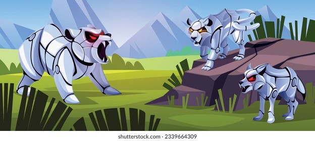 Robotic animal landscape. Post apocalyptic nature with cyborg beasts, mechanical fauna characters, bear, wolf and puma, zoo machines with red glowing eyes, tidy vector cartoon flat concept