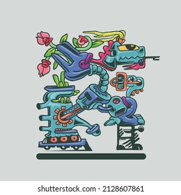 Robotic animal vector hand draw isolated on grey background