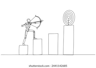 Robotic archer stands poised on a pedestal, aiming an arrow at a distant target. The scene symbolizes focused goal-setting and determination.