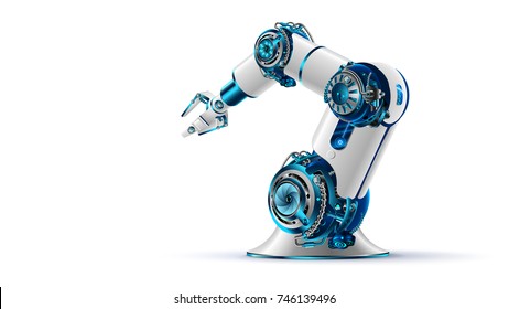 роботизированная рука 3d на белом фоне. Механическая рука. Промышленный робот манипулятор. Современные промышленные технологии.