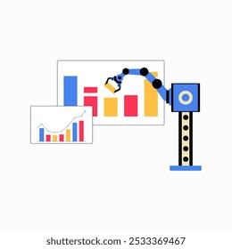 Robotic Arm Analyzing Business Charts In Flat Vector Illustration Symbolizing Data Automation, Efficiency, And Technological Progress, Isolated On White Background