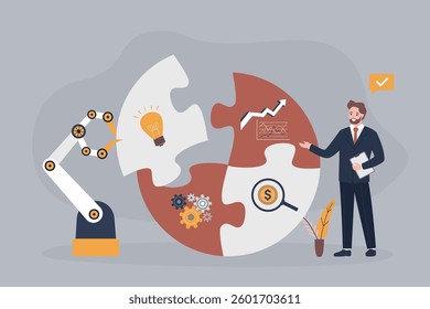 Robotic arm assemble colorful puzzle, robot with businessman solve complex problem. Ai teamwork, manufacturing machines. Artificial intelligence team help human solving business tasks. flat vector