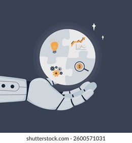 Robotic arm assembled business puzzle, robot solve complex problem. Ai chatbot or assistant, manufacturing machines. Artificial intelligence help human solving business tasks. flat vector illustration