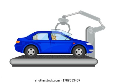 Ilustración de vectores de proceso de producción automática de brazo robótico que ensamblan cuerpo de coche