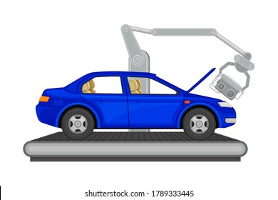 Robotic Arm Assembling Car Body as Auto Production Process Vector Illustration