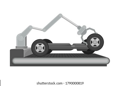 Robotic Arm Assembling Car Body as Auto Production Process Vector Illustration