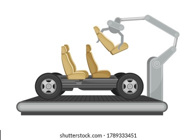 Robotic Arm Assembling Car on Conveyor Belt as Auto Production Vector Illustration