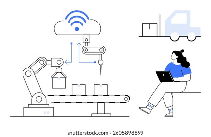 Robotic arm assembling products on conveyor belt linked to cloud, truck for logistics. Woman monitors with laptop. Ideal for industrial automation, smart factories, IoT, logistics, supply chain
