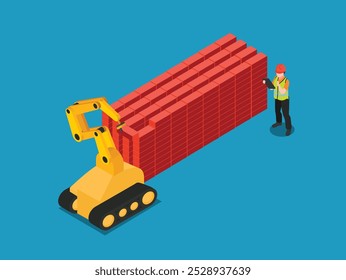 Robotic Arm Assisting Construction Worker with Bricklaying on a Construction Site 3d isometric vector illustration