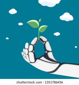 Robotic arm or an astronaut in a spacesuit keeps plant with green leaves. Vector illustration.
