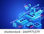 Robotic arm automation in smart factory streamlines manufacturing tasks, enhances precision, and reduces labor costs through AI-powered robotics in an isometric vector illustration.