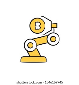 robotic arm and bitcoin cryptocurrency concept yellow hand drawn