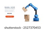 Robotic arm with a blue design holding a cardboard box, representing warehouse automation and logistics in modern industries. Mechanical arm highlights advanced technology. Vector illustration