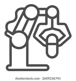 Robotic arm with capsule line icon, pharmacy concept. Vector graphics. Mechanical hand of conveyor, medicine production sign on white background, outline style icon for mobile or web design