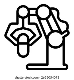 Robotic arm with capsule line icon, pharmacy concept. Vector graphics. Mechanical hand of conveyor, medicine production sign on white background, style mobile or design