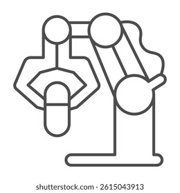 Robotic arm with capsule thin line icon, pharmacy concept. Vector graphics. Mechanical hand of conveyor, medicine production sign on white background, outline style icon for mobile or web design