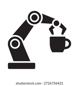 Robotic arm carefully reaching for and grasping a black coffee mug