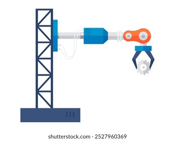 Um braço robótico com uma garra anexada a uma estrutura semelhante a uma grua está envolvido em pegar um componente de engrenagem. Ideal para tecnologia de robótica automação industrial engenharia de fabricação mecânica