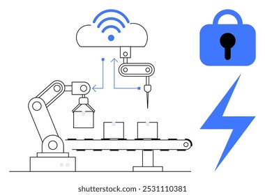 Brazo robótico, nube con el símbolo de la red, cerradura e iconos del perno en estilo minimalista. Ideal para la fabricación inteligente, la industria 4.0, la seguridad en la nube, la automatización y los temas de IoT. Esquema de color azul y blanco