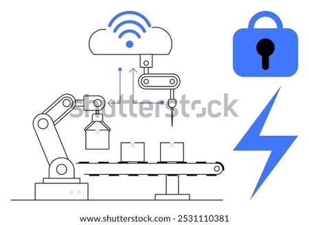 Robotic arm, cloud with network symbol, lock and bolt icons in minimalist style. Ideal for smart manufacturing, industry 4.0, cloud security, automation, and IoT themes. Blue and white colour scheme