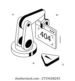 Conceito de braço robótico colocando uma página de erro 404 para sites técnicos, ilustração isométrica