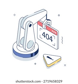 Robotic arm concept placing a 404 error page for tech websites, isometric illustration