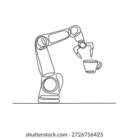 A robotic arm in a continuous line drawing reaching for a coffee cup