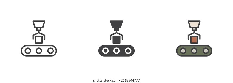 Robotic arm conveyor belt different style icon set. Line, glyph and filled outline colorful version, outline and filled vector sign. Symbol, logo illustration. Vector graphics