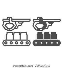 Robotic arm and conveyor with jars line and solid icon, pharmacy concept. Vector graphics. Conveyor for medicine production sign on white background, outline style icon for mobile or web design