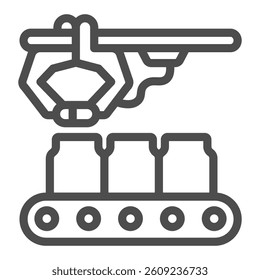 Robotic arm and conveyor with jars line icon, pharmacy concept. Vector graphics. Conveyor for medicine production sign on white background, outline style icon for mobile or web design