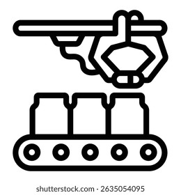 Brazo robótico y transportador con el icono de la línea de los tarros, concepto de la farmacia. Gráficos de Vector. Transportador para la muestra de la producción de la medicina en el fondo blanco, estilo o diseño móvil