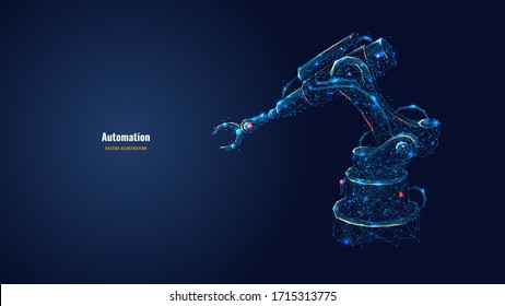 Robotic arm in dark blue background. Automation concept. Polygonal wireframe with lines and dots. Abstract digital vector illustration.