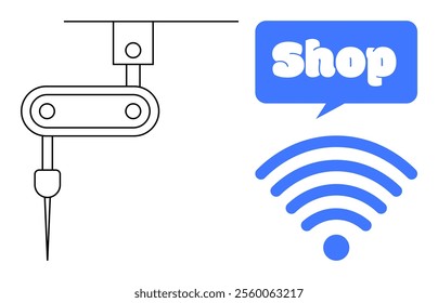 A robotic arm is depicted alongside a blue speech bubble with the text Shop and a wireless symbol. Ideal for e-commerce, robotics, technology, automated services, and online connectivity. Simplistic