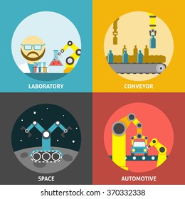 Robotic arm design concept set with laboratory space and automotive conveyor flat icons isolated vector illustration 
