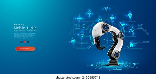 Robotic Arm in Digital Interface Environment: Smart Industry Concept. Sophisticated robotic arm is central in a virtual blueprint interface, symbolizing high-tech automation and AI in modern industry.