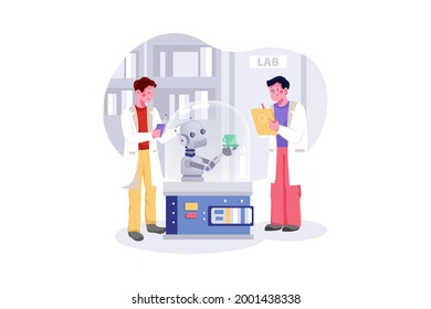 Robotic Arm Doing Operation Of Human Under Doctor Observation. Flat illustration isolated on white background.
