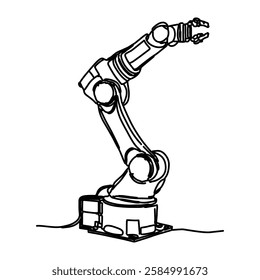 The robotic arm is drawn in a minimalist style with a single continuous line, isolated on a white background. Outline style depiction of a fashionable mechanical robot.
