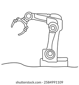 The robotic arm, drawn in a minimalistic way with a single continuous line, is combined with line art isolated on a white background. Outline style depiction of a fashionable mechanical robot.