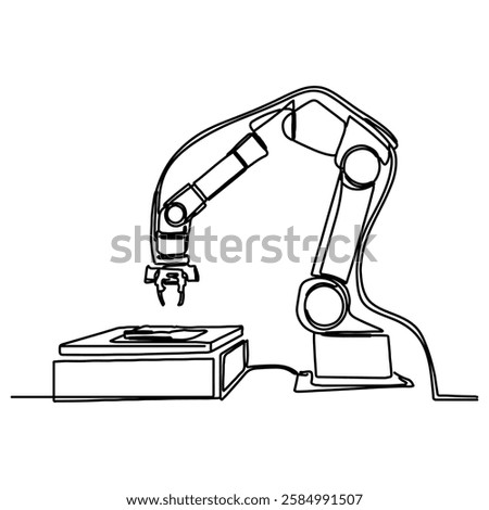 Robotic arm drawn in a minimalistic way with one continuous line, designed in line art isolated on a white background. Outline style drawing of a trendy mechanical robot.