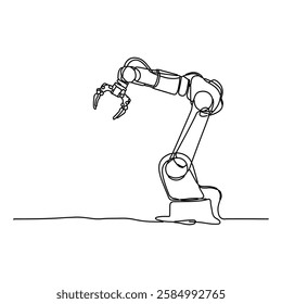 The robotic arm, drawn with a single continuous line, is presented in a minimalist style, isolated on a white background. A drawing of a mechanical robot in a trendy outline style.