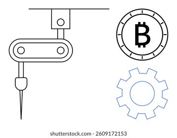 Robotic arm with drill, Bitcoin symbol, and gear icon symbolizing tech advancements. Ideal for automation, digital currency, cryptocurrency, blockchain, manufacturing, engineering, and innovation