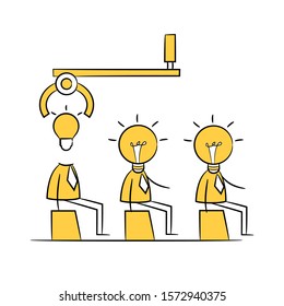 robotic arm  embed idea bulb to human yellow stick figure